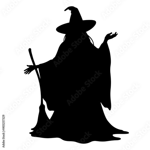 Witch Silhouette Halloween Casting Spell Against White Background  