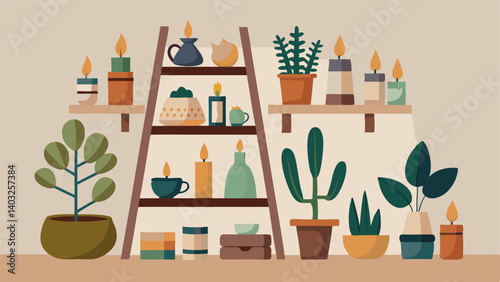 A wooden ladder shelf adorned with potted succulents candles and bohemian trinkets.