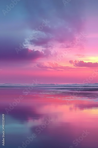 Stunning Pink Purple Sunset Reflection Over Calm Ocean Waters