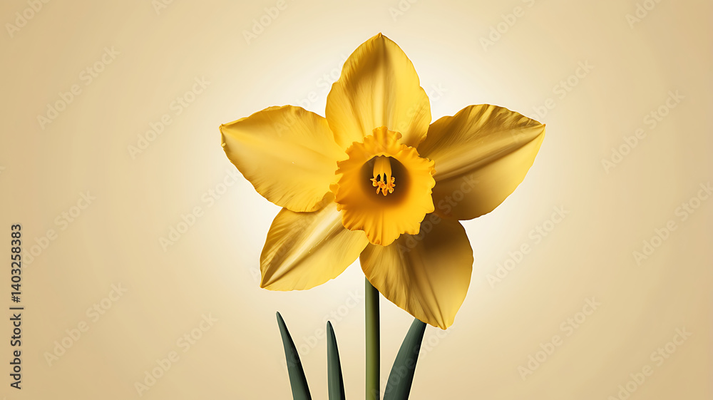 Fototapeta premium Close up of romantic sun drenched beauty floral portrait featuring spring soft yellow daffodil in focus on a background.