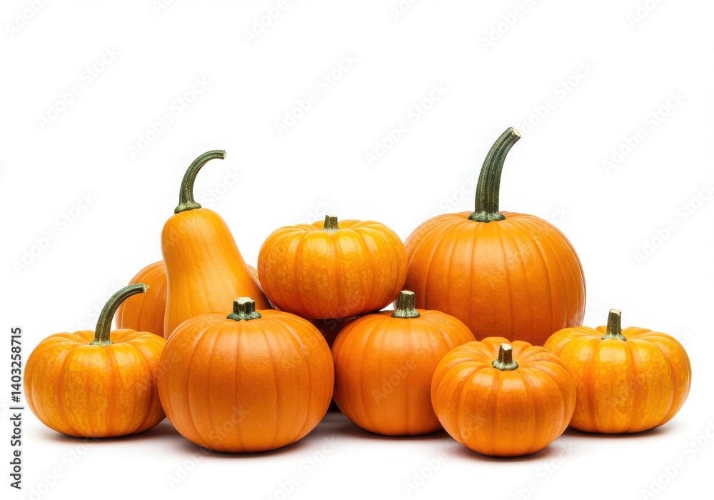 A group of orange pumpkins and a butternut squash on a white surface in a studio setting A group of orange pumpkins and a butternut squash on a white surface in a studio setting