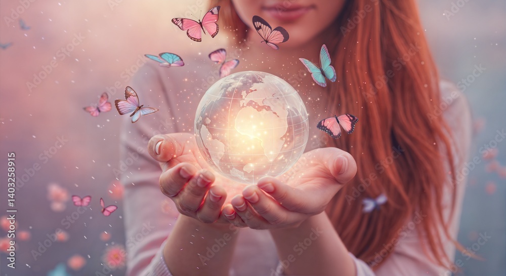 Naklejka premium Woman holding glowing globe surrounded by butterflies 