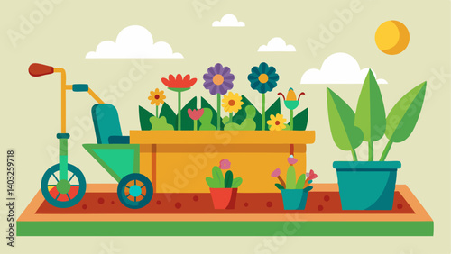A wheelchairaccessible raised garden bed with vibrant flowers and easytoreach gardening tools welcoming people of all abilities to participate in the garden.