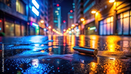A single bullet falls through a deserted street at night with neon lights reflected on its surface, cityscape