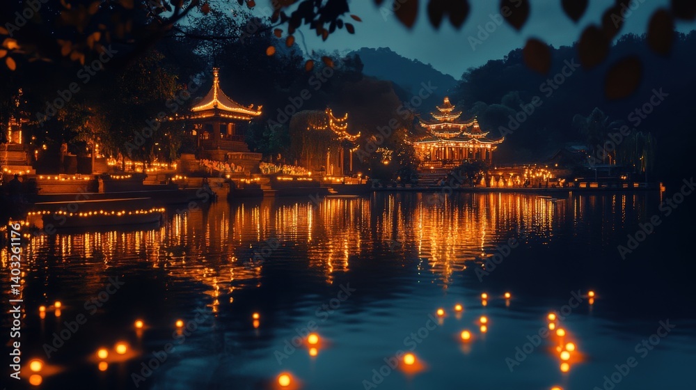 Fototapeta premium Illuminated pagodas reflect on a tranquil lake during a dark night