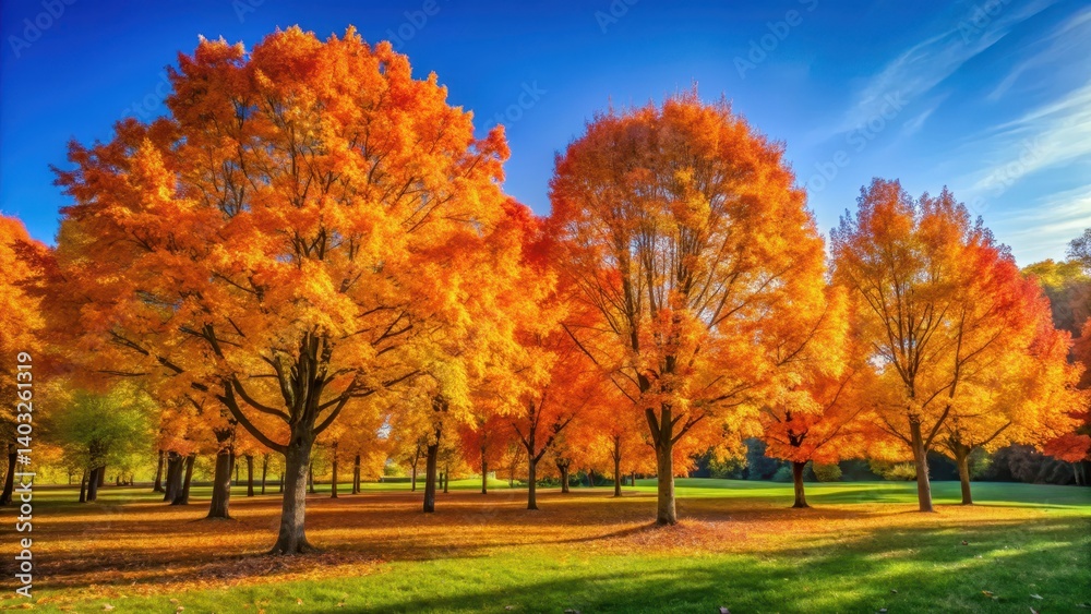 Naklejka premium Vibrant orange and yellow trees stand tall against a clear blue sky in autumn park, orange, warm light, orange