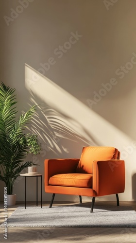 Minimalist home interior design of modern living room. Serene reading corner with orange armchair, small side table and lush green plant. The natural light highlights soft rug and warm-toned wall photo