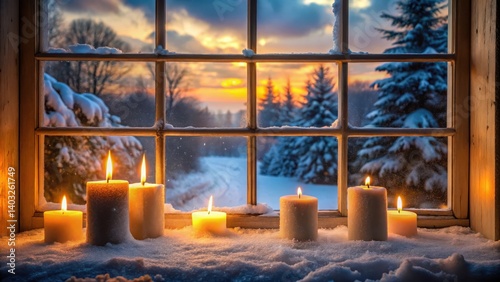 Soft, warm glow of lit candles on a snowy windowpane at dawn, Imbolc, calm,  Imbolc, calm, candles, serene