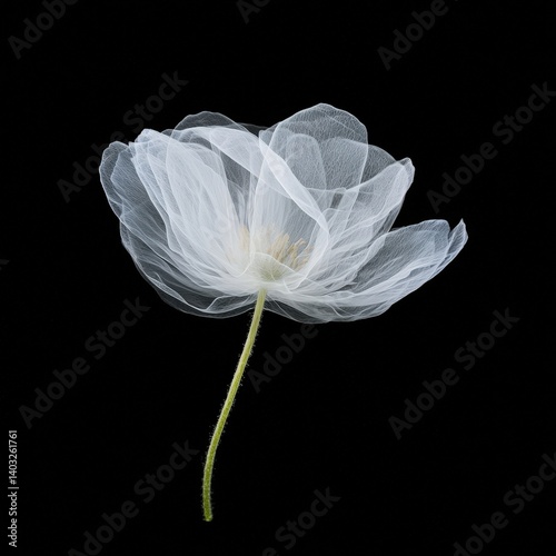 Blurred motion capture of white flower petals against matte black background, poetic movement