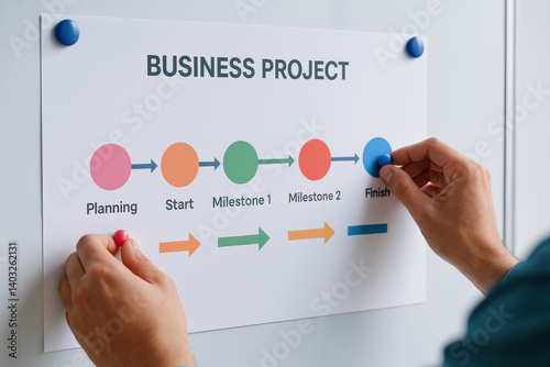 This illustrates a business project planning process highlighting key milestones with colorful markers that guide strategy from start to finish