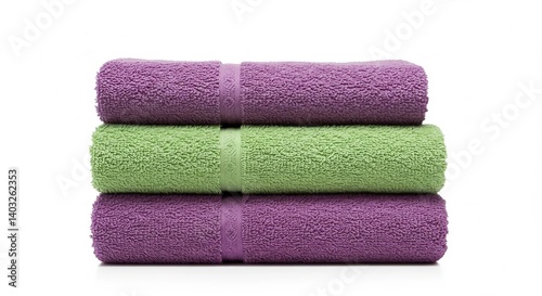 Three towels stacked on top of each other, featuring purple and green colors, against a white background.