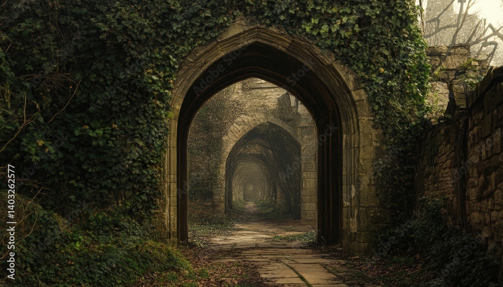 Fototapeta premium An ancient archway tunnel overgrown with ivy, leading into a mysterious, misty distance.