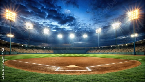 Baseball field illuminated by bright lights at dusk , game, venue,  game, venue, atmosphere, night, glow, field