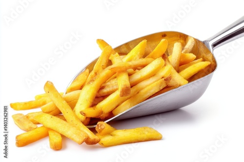 French fries in a scoop on white background