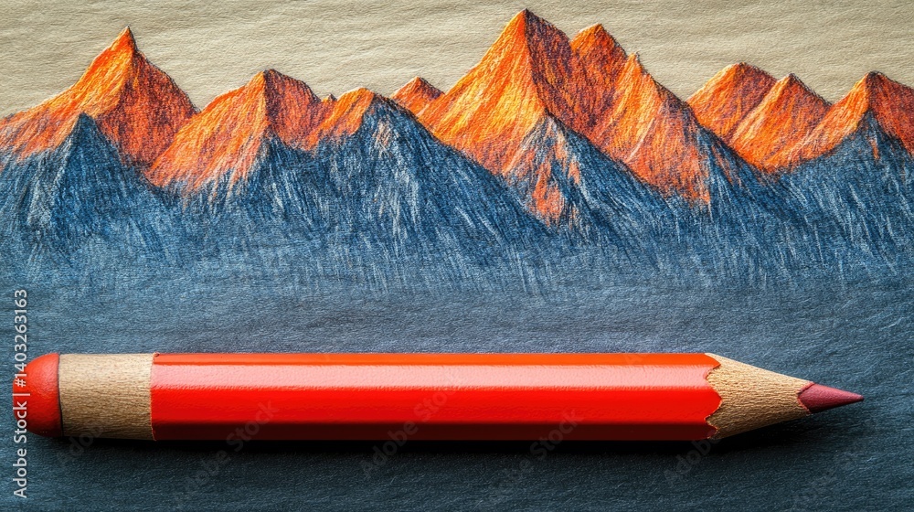 Drawing of mountain ranges with a red pencil on a textured surface. Bright colors