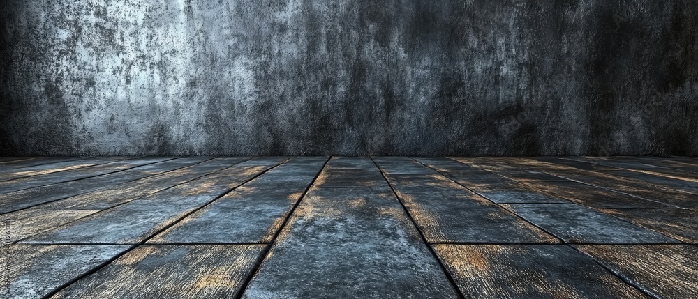 A grunge backdrop featuring dark, textured wall and rough, planked wooden floor, shadows emphasizing depth