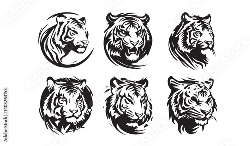 Set of tiger head illustrations in black and white. Tiger head design on white background