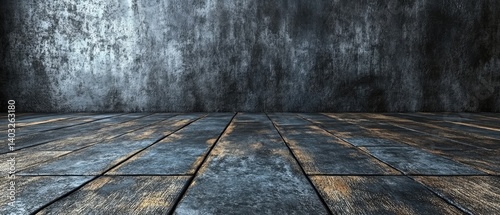 A grunge backdrop featuring dark, textured wall and rough, planked wooden floor, shadows emphasizing depth