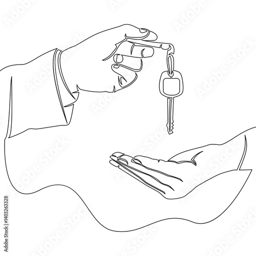 Continuous one single line drawing One Hand Passing Car Keys to Another Car Ownership Transfer icon vector illustration concept