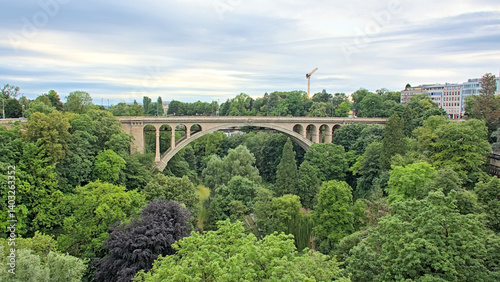 Adolphe bridge, famous double-decked arch bridge over Petrusse river in Luxembourg Cite 