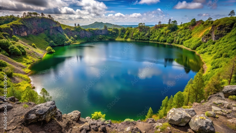 volcanic lake at top of lush hillside amidst volcanic rocks and trees, water features volcanic lake at top of lush hillside amidst volcanic rocks and trees, water features