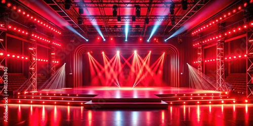 Vibrant neon red light illuminates a large stage with a futuristic ambiance , night scene, big stage