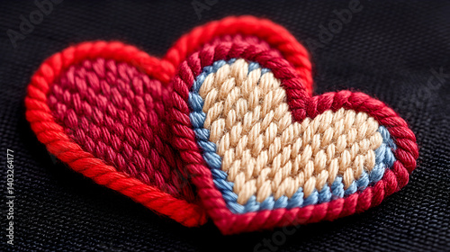 Two intertwined needlepoint hearts, red and beige, on dark fabric. Generative AI