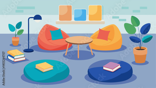 Bean bag chairs tered around a low coffee table providing a comfortable alternative study spot for students.