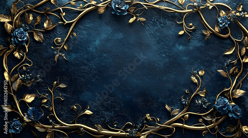 A gold-embellished, dark blue background framed by intricate floral vines.