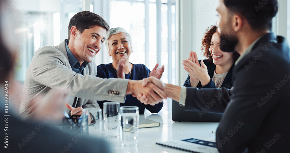 Happy, businessmen and applause with handshake for partnership, agreement or good deal at conference. Business people, colleagues or employees shaking hands with team for introduction at workplace