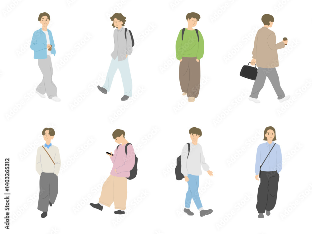 Collection of Walking Men - Set of vector illustrations featuring people walking with different styles: carrying a daypack, holding a coffee, looking at a smartphone, and more. Collection of Walking Men - Set of vector illustrations featuring people walking with different styles: carrying a daypack, holding a coffee, looking at a smartphone, and more.