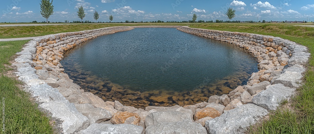 Pond surrounded by rocks under a blue sky with puffy clouds and green grass along the shore