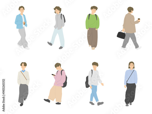 Collection of Walking Men - Set of vector illustrations featuring people walking with different styles: carrying a daypack, holding a coffee, looking at a smartphone, and more. 