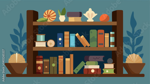 A rustic wooden bookshelf filled with books and decorations made of seashells and driftwood.