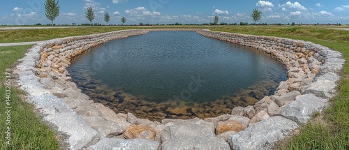 Obraz na płótnie Pond surrounded by rocks under a blue sky with puffy clouds and green grass along the shore w salonie