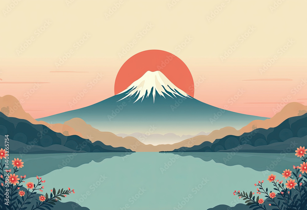 Naklejka premium Vintage Japanese New Year Design: Delicate Composition Featuring Mount Fuji Sunrise, Turquoise Foreground, and Kadomatsu in Earth Tones and Soft Pastels.