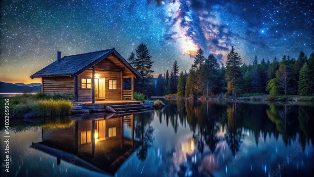 Fototapeta premium Cozy sauna cottage under starry midnight sky near a serene lake, wilderness retreat
