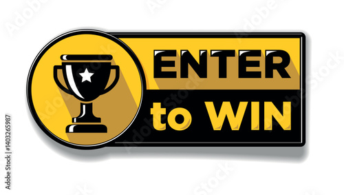 Enter to win sign with award cup, black and yellow button. Vector icon on transparent background
