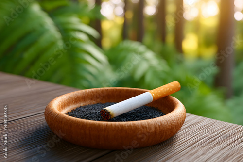 A partially smoked cigarette rests in a wooden ashtray on a table outdoors, with a blurred background of lush greenery. Generative AI
