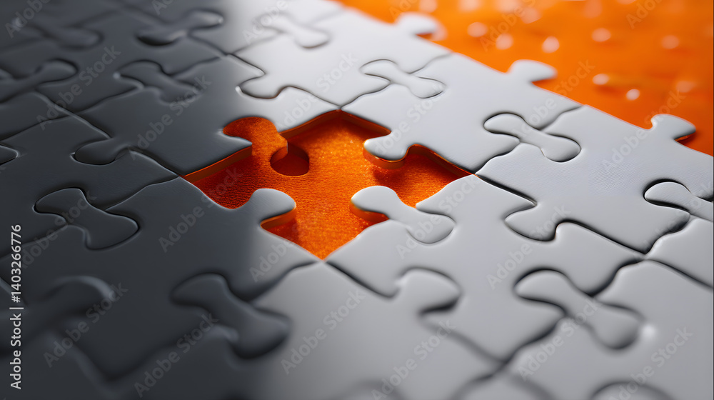 Fototapeta premium Striking Orange and Grey Jigsaw Puzzle Challenge with a Lone Piece Awaiting Connection