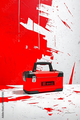 Obraz na płótnie Red toolbox with paint splatter background. w salonie