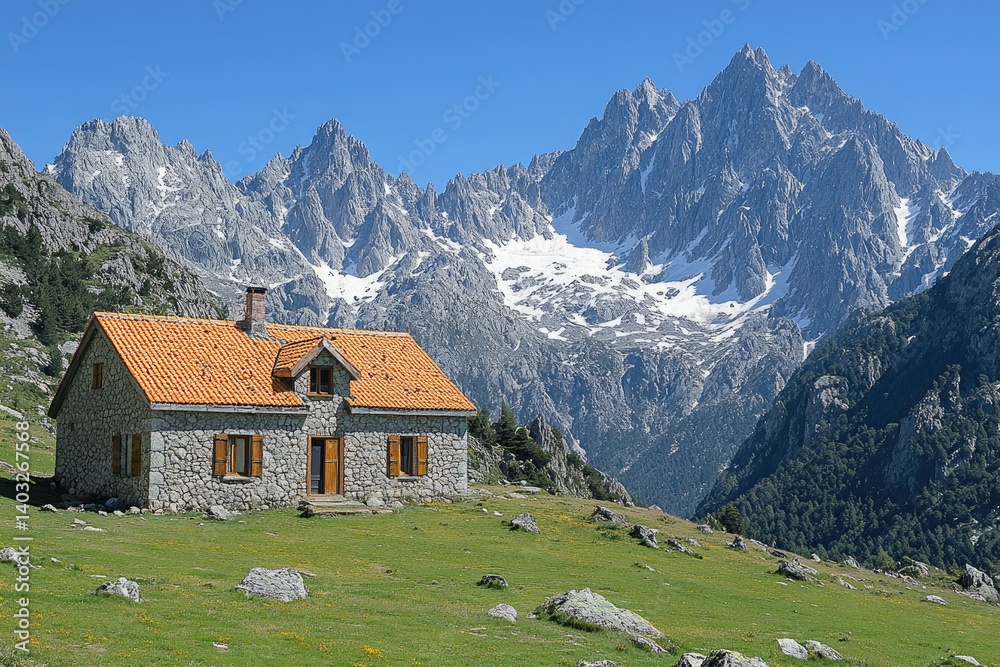 Stone house with orange roof sits in front of snow-capped mountains against a blue sky on a grassy hillside