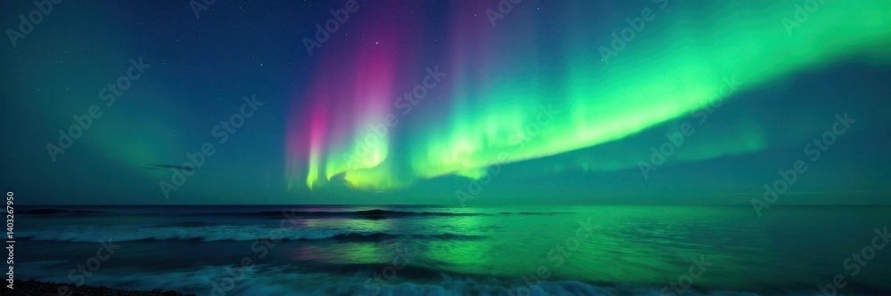 Naklejka premium Ethereal green and blue aurora borealis paints the night sky above a dark, wave-tossed northern sea Cosmic dust reflects in the water , nebula, phenomenon