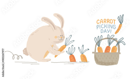 A cute bunny harvesting carrots on the farm with a little wicker basket.