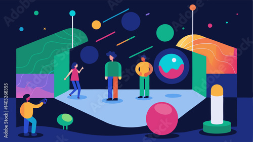 MultiSensory Exhibit An exhibit featuring colorful lights sounds and textures with people actively engaging through different senses.