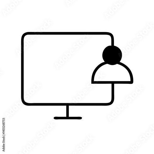 Online workshop icon with computer and participant, educational concept, black and white design