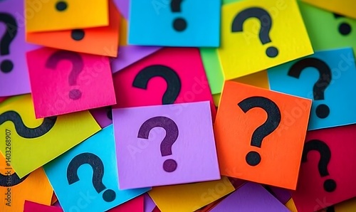 Too Many Questions. A stack of vibrant sticky notes featuring question marks. Closeup. 