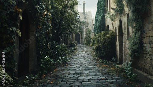 A shrouded alleyway, draped in ancient foliage, winds through a medieval town.