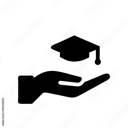 Scholarship icon with graduation cap in hand, education support concept, black and white design