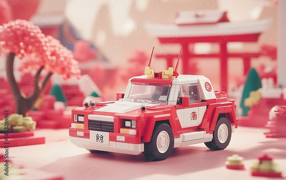 Red toy car with Japan scene.